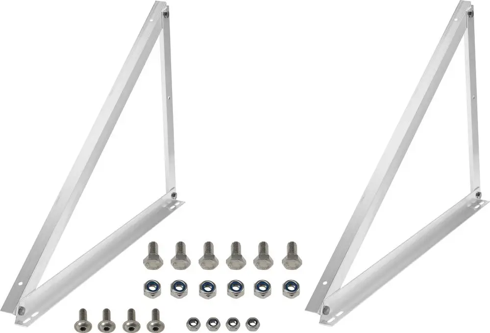 Zwei metallische Halterungen mit dazugehörigen Schrauben und Unterlegscheiben, geeignet für die Montage von Solartechnik. Marke Bosch ist erkennbar.